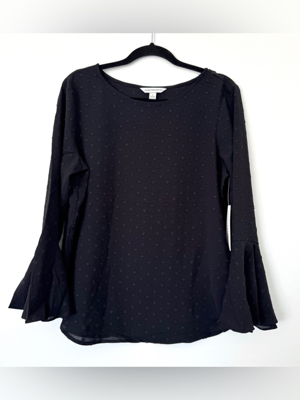 Counterparts Black Swiss Dots Bell Sleeve Blouse, Size Large - NWT